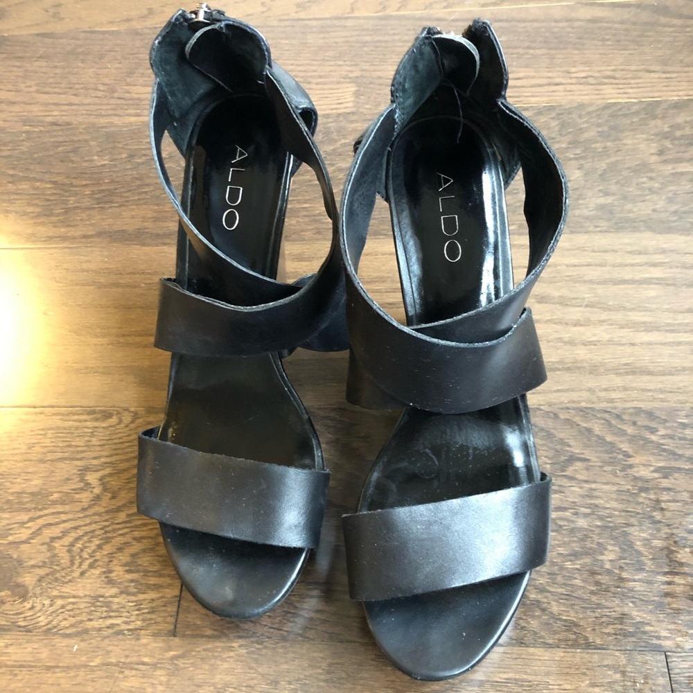 Aldo Black Leather & Wood Wedge | Size 39